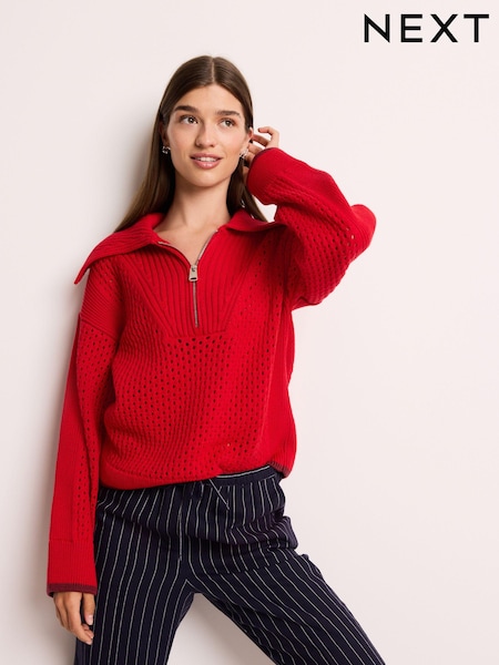 Red Open Stitch Mesh Zip Neck Collar Jumper (344824) | €17