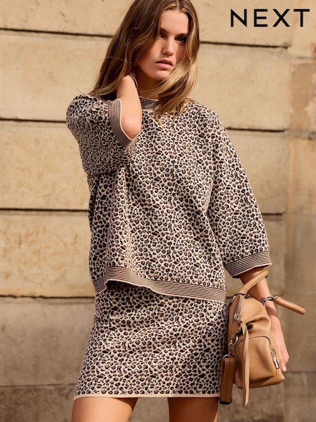 Brown Co-Ord Leopard Animal Knitted Mini Skirt (344875) | €17