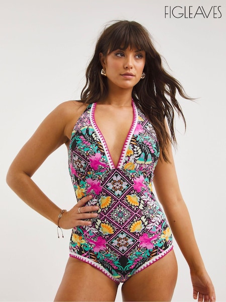 Figleaves Pink Frida Tummy Control Halter Neck Longer Length Swimsuit (345897) | 161 LEI