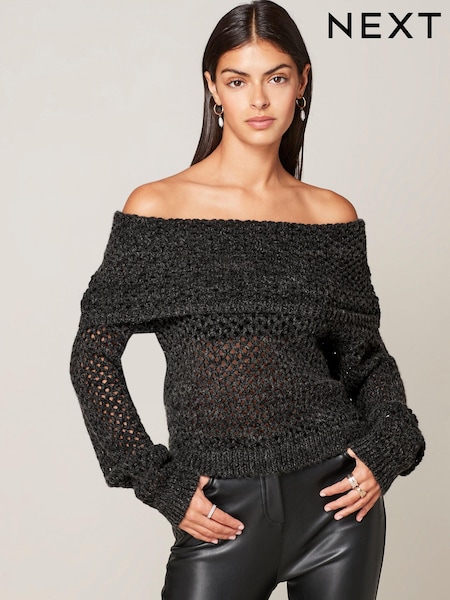 Charcoal Grey Open Stitch Mesh Bardot Long Sleeve Jumper (346123) | € 12