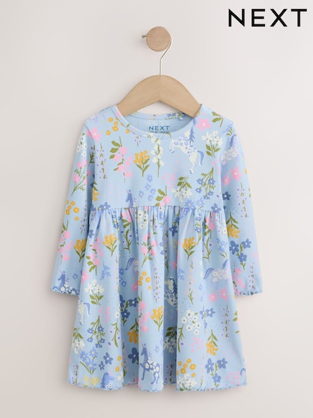 Blue Floral Unicorn - Long Sleeve Ribbed Dress (3mths-7yrs)