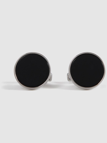 Reiss Silver/Onyx Ardley Round Onyx Cufflinks (346611) | PKR 30,240