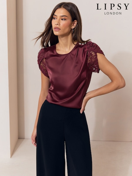 Burgundy Red - Lipsy Satin Tulip Sleeve Top