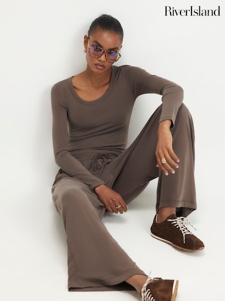 Smeđa - River Island Long Sleeve Soft Touch Scoop Top