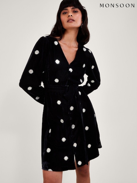 Monsoon Viola Embellished Velvet Tea Black Dress (347430) | €36