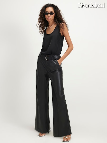 Black - River Island Belted Wide Leg Trousers