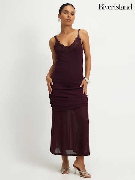 Red - River Island Lace Trim Drape Midi Dress
