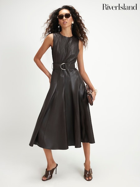 Brown - River Island Belted Short Sleeve Femme Midi Dress