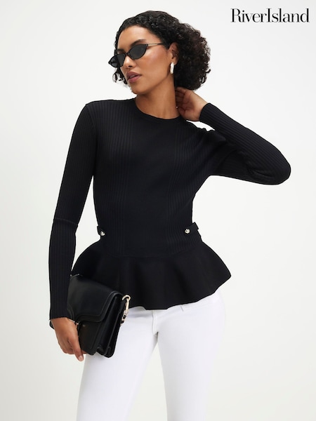 Black - River Island Long Sleeve Peplum Top