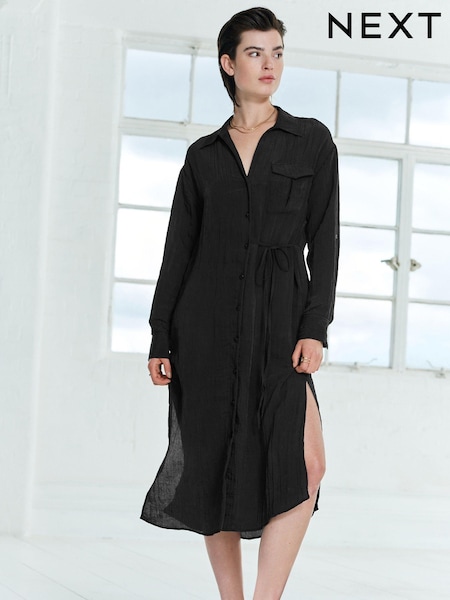 Black Tie Front Long Sleeve Textured Utility Shirt Dress (348070) | €14
