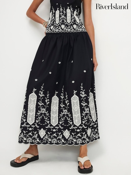 Negru - River Island Cutwork Hem Maxi Skirt