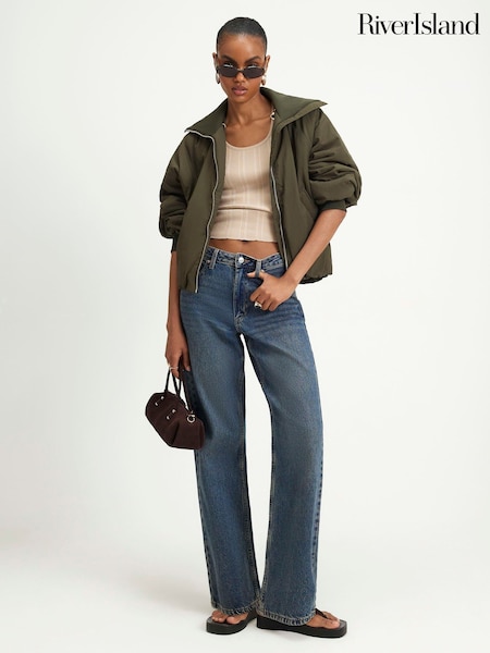 Green - River Island Rib Detail Bubble Hem Bomber Jacket
