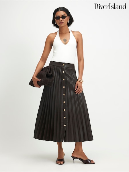 Brown - River Island Popper Front Pleated Midi Skirt