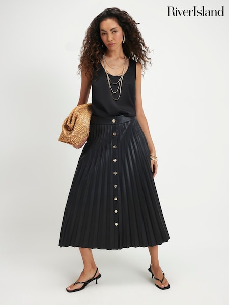 Black - River Island Popper Front Pleated Midi Skirt