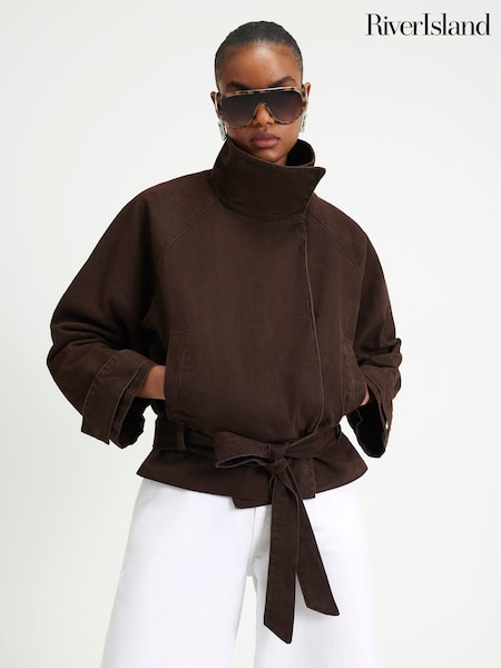 Brown - River Island Washed Cotton Funnel Neck Jacket