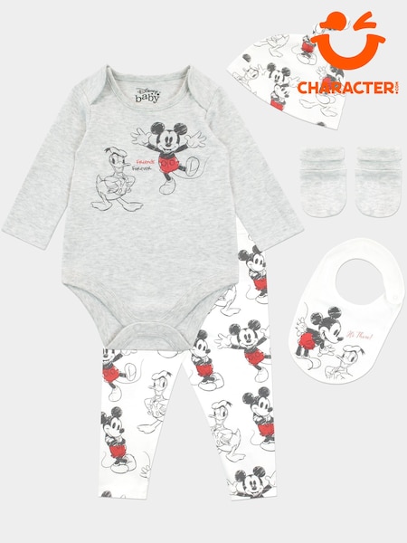 Character White Baby Mickey Mouse Sleepsuit Bodysuit Hat And Bib 4 Piece Set (348534) | AED77