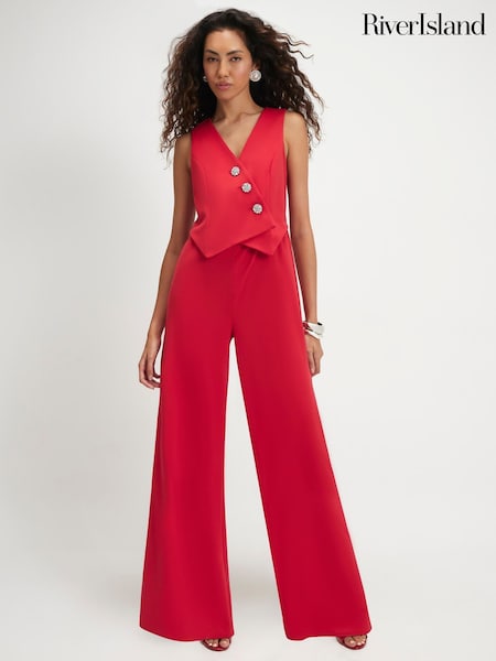 Red - River Island Embellished Button Jumpsuit