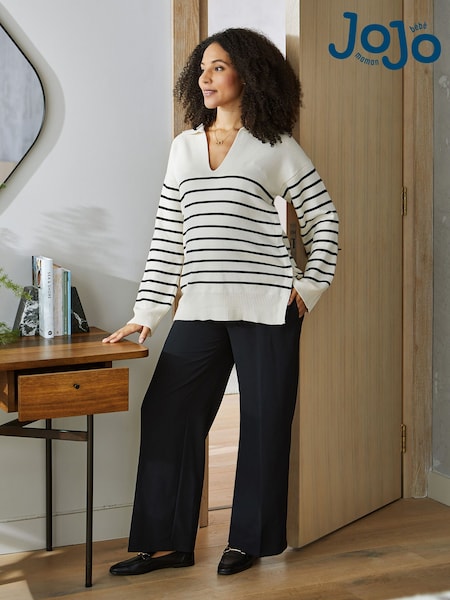 JoJo Maman Bébé Cream & Black Stripe Collared Maternity & Nursing Jumper (349369) | kr564