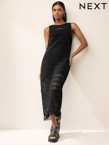 Black Crochet Fringe Midi Sleeveless Dress (350297) | €29