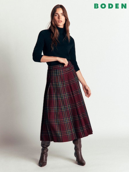 أحمر - Boden Pleated Midi Kilt Skirt