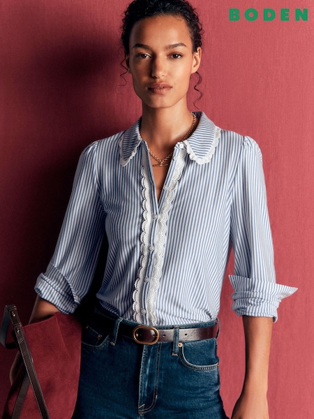 Blue - Boden Lena Lace Frill Collar Blouse