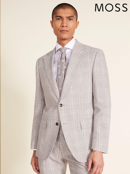 MOSS Natural Tailored Fit Taupe Check Linen Jacket (350884) | €72