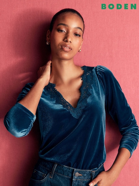 Blue - Boden Lace Trim V-neck Velvet Top