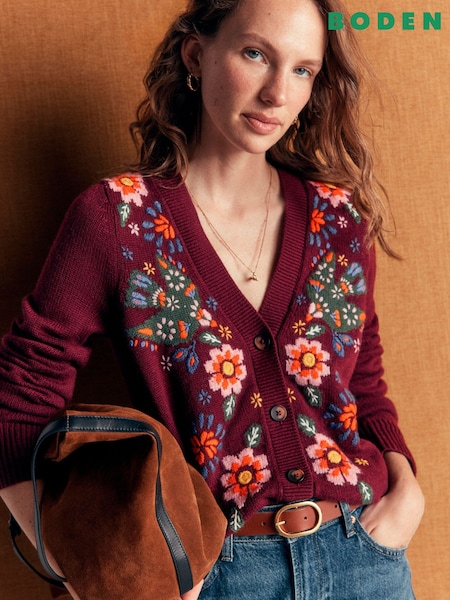 Purple - Boden Ella Embroidered Knit Cardigan