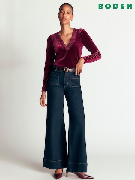 Rouge - Boden Lace Trim V-neck Velvet Top