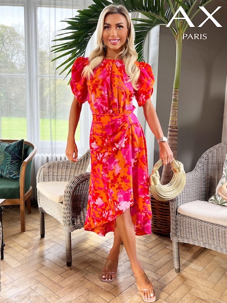 AX Paris Orange Floral Printed Short Puff Sleeve Gathered Side Midi Dress (351553) | € 34