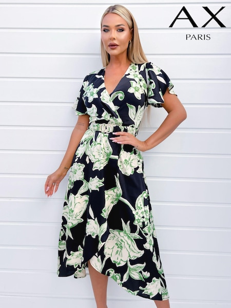 AX Paris Green Floral Printed Short Sleeve Belted Wrap Midi Dress (351794) | €33