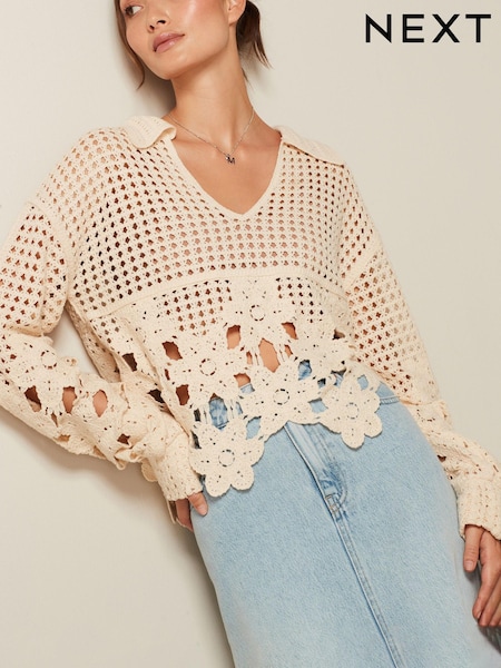 Ecru White Polo Neck Long Sleeve Crochet Scalloped Detail Jumper (352129) | €10
