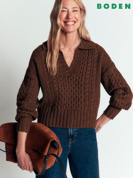 Brown - Boden Collared Cable Jumper
