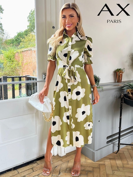 AX Paris Oversize Olive Green Floral Print Midi Shirt Dress (352278) | 178 LEI