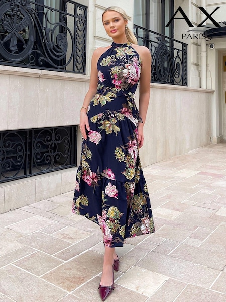 AX Paris Blue Floral Printed High Neck Tie Belt Midi Dress (352346) | €28