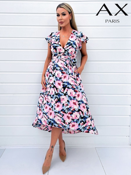 AX Paris Pink Floral Print Short Sleeve Belted Wrap Midi Dress (352381) | 178 LEI