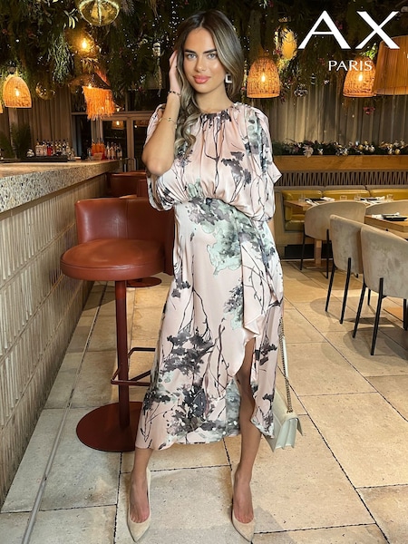 Розовый - AX Paris Printed Batwing Top Wrap Skirt Midi Dress (352519) | €19