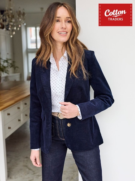 Bleu - Blazer en velours côtelé à simple boutonnage Cotton Traders