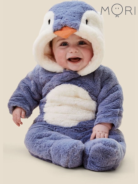 Blå - Mori Supersoft Fleece Lined Penguin Faux Fur Pramsuit