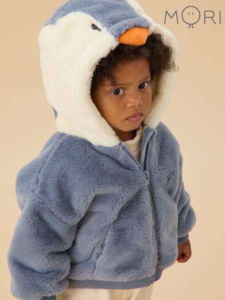 Blue - Mori Supersoft Fleece Lined Penguin Faux Fur Hooded Jacket