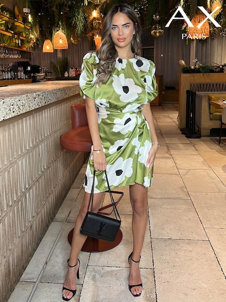 AX Paris Mini Green Floral Printed Short Puff Sleeve Gathered Side Dress (353046) | €16