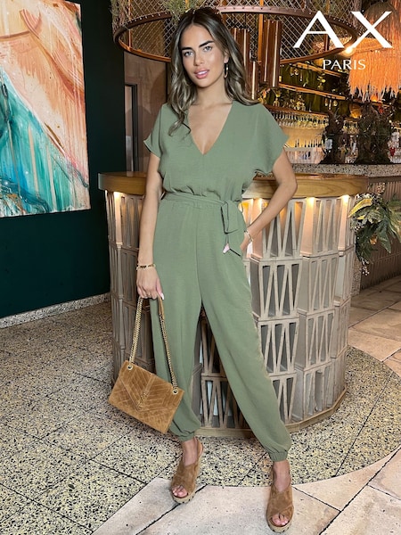 AX Paris Khaki Green V-Neck Short Sleeve Belted Elasticated Cuff Jumpsuit (353230) | €13