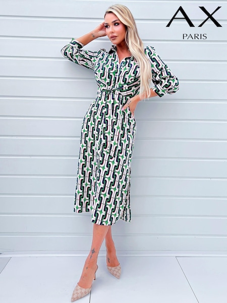 AX Paris Green Geometric Multi Printed 3/4 Cuffed Sleeve Wrap Tie Midi Dress (353299) | € 23