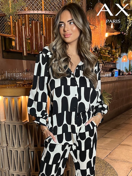 AX Paris Geometric Print Button Up 3/4 Sleeve Black Shirt (353470) | €13