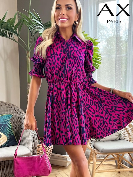 AX Paris Purple Cerise Animal Print Puff Sleeve Shirt Skater Dress (353631) | 161 LEI