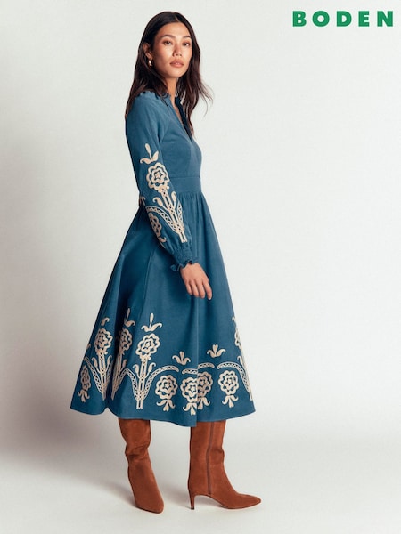 Blue - Boden Smocked Cord Midi Dress