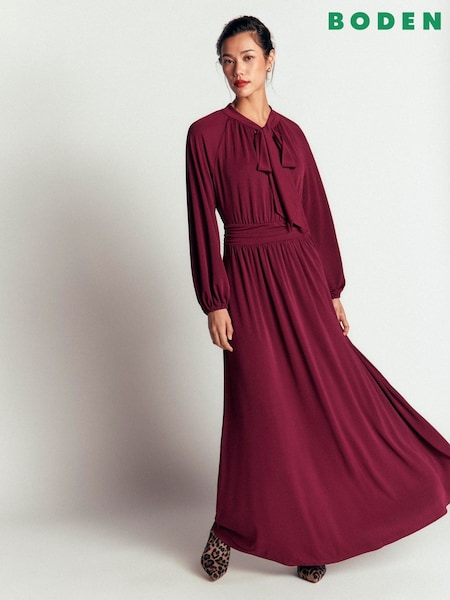 Red - Boden Pussybow Jersey Maxi Dress