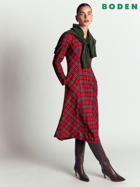 Czerwony - Boden Una Collared Check Midi Dress