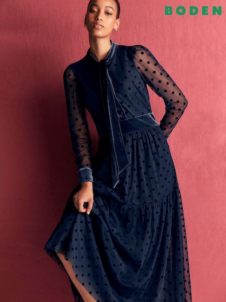 Blue - Boden Tie Neck Tiered Tulle Dress