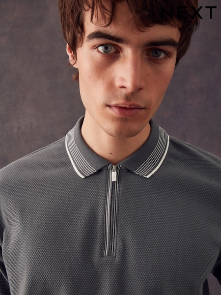 Slate Grey Tipped Short Sleeve Textured Quarter Zip Polo Shirts (356970) | €13